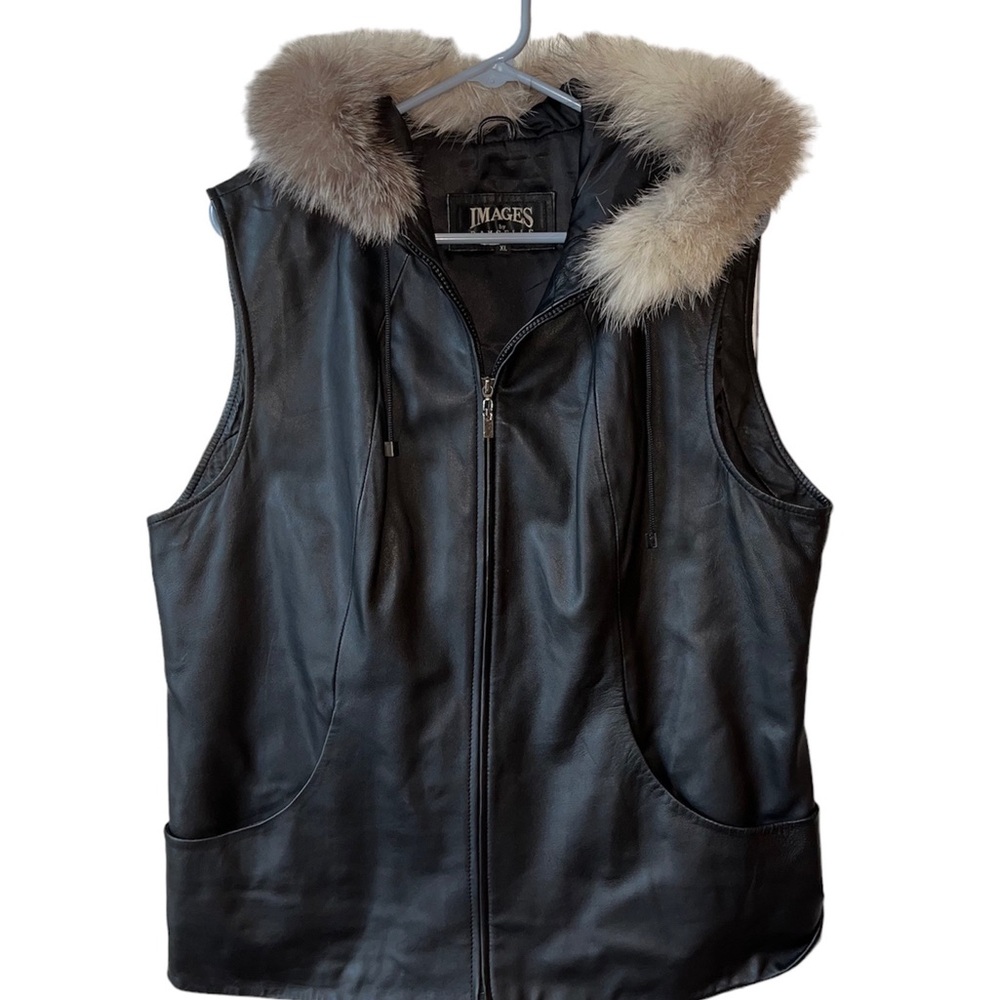 Images by Damselle Leather Vest with Faux Fur Hood Full Zip  Black size XL